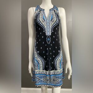 Hale Bob Black and Blue Patterned Dress Beaded neckline Size XS